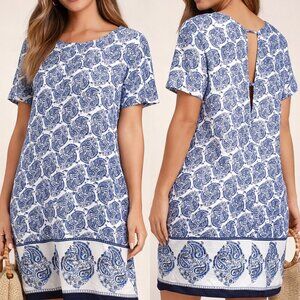 Lulus Blue White Paisley Shift Dress Keyhole Back Boho Summer Size M